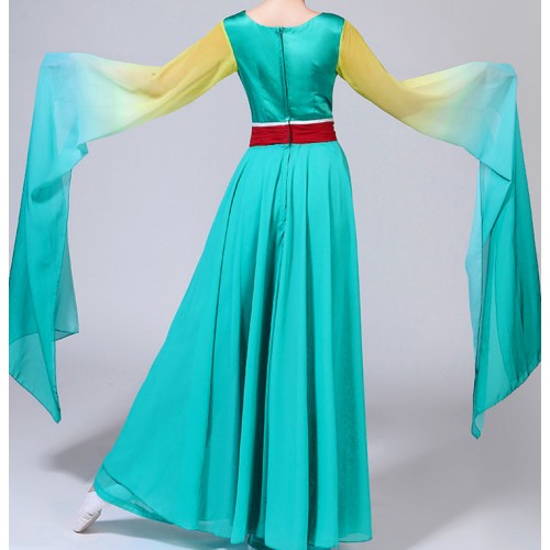 Chinese folk dance costume for women turquoise gradient fairy ancient traditional hanfu performance princesses drama photos coplay dancing dresses